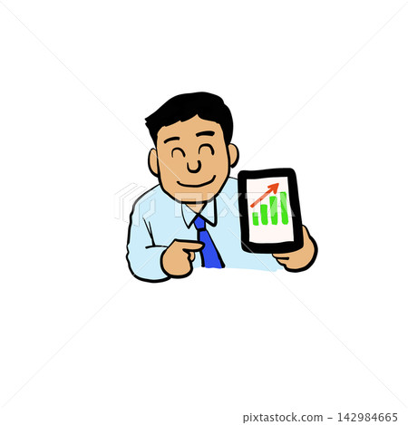 An illustration of a man smiling and recommending investments. 142984665