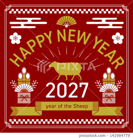 A square line drawing New Year's card inspired by the Year of the Sheep in 2027 - Red A square line drawing New Year's card inspired by the Year of the Sheep in 2027 - Red 142984779