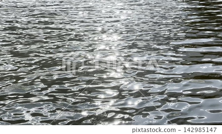 Scenery surface of pond illuminated by sun at summertime. Calm view on sea with small waves at sunny day. Beautiful summer nature landscape. Concept of tranquility scene. Slow motion Scenery surface of pond illuminated by sun at summertime. Calm view on sea with small waves at sunny day. Beautiful summer nature landscape. Concept of tranquility scene. Slow motion 142985147