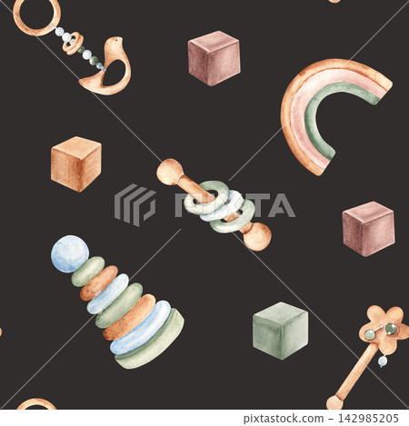 Baby seamless pattern. Watercolor wooden toys and rattles on a dark, black background. Suitable for fabric, textile, wrapping paper and baby designs. Baby seamless pattern. Watercolor wooden toys and rattles on a dark, black background. Suitable for fabric, textile, wrapping paper and baby designs. 142985205