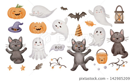 Halloween watercolor kids set. Cute Ghosts, pumpkins, mummy cats, bats and witch hat. Autumn leaves and branches. Design elements for kids card, party, or spooky illustration, for children decor and Halloween watercolor kids set. Cute Ghosts, pumpkins, mummy cats, bats and witch hat. Autumn leaves and branches. Design elements for kids card, party, or spooky illustration, for children decor and 142985209
