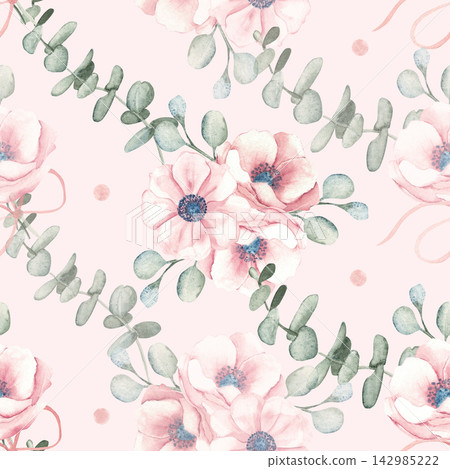 Watercolor seamless pattern with soft pink anemone flowers and eucalyptus leaves on a pink background. Ideal for feminine designs, textiles, wedding stationery, and romantic backgrounds. Watercolor seamless pattern with soft pink anemone flowers and eucalyptus leaves on a pink background. Ideal for feminine designs, textiles, wedding stationery, and romantic backgrounds. 142985222