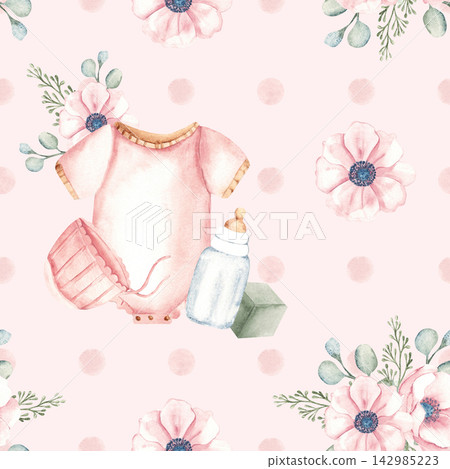 Watercolor baby girl seamless pattern with pink clothes, milk bottle, accessories, floral elements and soft polka dot on a light pink background. Perfect for nursery decor, baby shower designs, and Watercolor baby girl seamless pattern with pink clothes, milk bottle, accessories, floral elements and soft polka dot on a light pink background. Perfect for nursery decor, baby shower designs, and 142985223