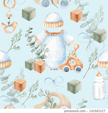 Baby boy watercolor seamless pattern with blue onesie or bodysuit, eucalyptus and wooden toys on a blue background. Perfect for baby shower designs, nursery decor, and newborn-related products Baby boy watercolor seamless pattern with blue onesie or bodysuit, eucalyptus and wooden toys on a blue background. Perfect for baby shower designs, nursery decor, and newborn-related products 142985227