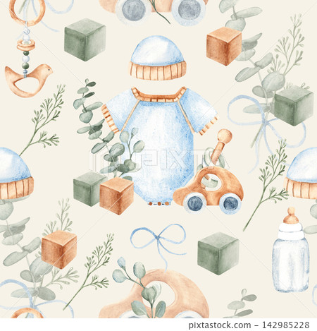 Baby boy watercolor seamless pattern with blue onesie or bodysuit, eucalyptus and wooden toys on a beige background. Perfect for baby shower designs, nursery decor, and newborn-related products Baby boy watercolor seamless pattern with blue onesie or bodysuit, eucalyptus and wooden toys on a beige background. Perfect for baby shower designs, nursery decor, and newborn-related products 142985228