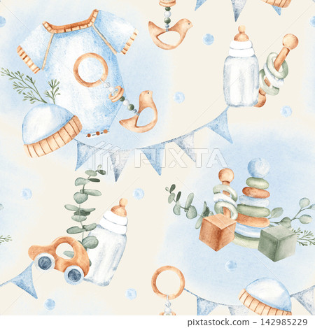 Baby boy watercolor seamless pattern with onesie or bodysuit, eucalyptus and wooden toys, decorated with bunting garlands on a beige background. Perfect for baby shower designs, nursery decor, and Baby boy watercolor seamless pattern with onesie or bodysuit, eucalyptus and wooden toys, decorated with bunting garlands on a beige background. Perfect for baby shower designs, nursery decor, and 142985229
