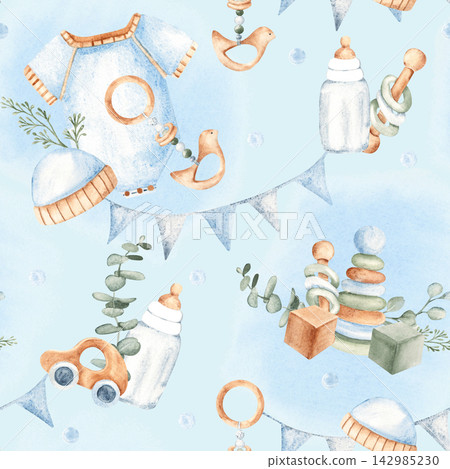 Baby boy watercolor seamless pattern with onesie or bodysuit, eucalyptus and wooden toys, decorated with bunting garlands on a blue background. Perfect for baby shower designs, nursery decor, and Baby boy watercolor seamless pattern with onesie or bodysuit, eucalyptus and wooden toys, decorated with bunting garlands on a blue background. Perfect for baby shower designs, nursery decor, and 142985230