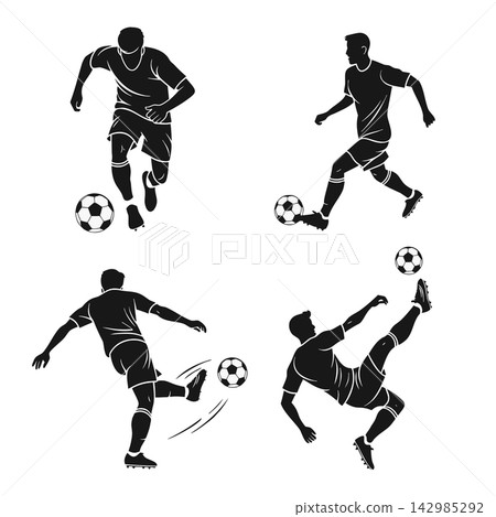 Four black-and-white vector silhouettes depicting soccer players in various dynamic poses are displayed in the selected area Four black-and-white vector silhouettes depicting soccer players in various dynamic poses are displayed in the selected area 142985292