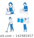 A set of illustrations of a woman doing household chores: cooking, washing dishes, cleaning, and laundry. 142985457