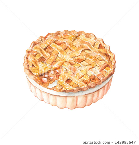 Watercolor illustration of a classic American apple pie. A warm, delicious baked treat for an autumn celebration. Homemade food prepared in the kitchen. A dessert to enjoy with tea or coffee. Watercolor illustration of a classic American apple pie. A warm, delicious baked treat for an autumn celebration. Homemade food prepared in the kitchen. A dessert to enjoy with tea or coffee. 142985647