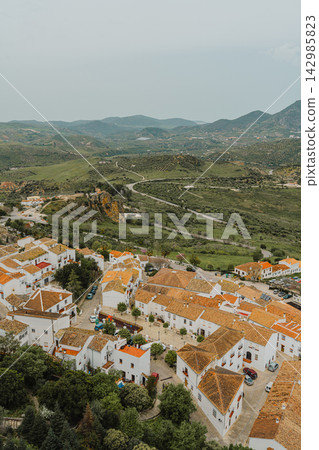 Elevated view of village rooftops overlooking a reservoir and green hills 142985823