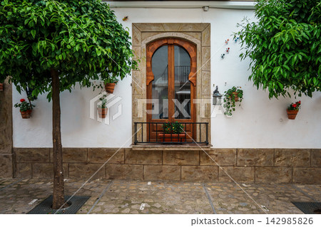 Moorish style arched window framed by orange trees on a white Andalusian wall Moorish style arched window framed by orange trees on a white Andalusian wall 142985826