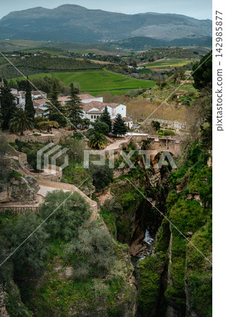 Ronda old town clinging to cliffs above a golden-roofed estate and lush gorge Ronda old town clinging to cliffs above a golden-roofed estate and lush gorge 142985877