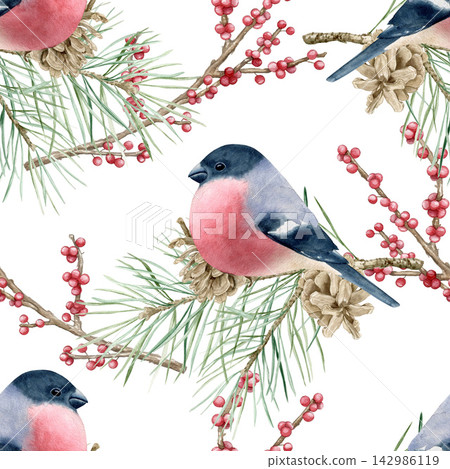 Watercolor winter seamless pattern with bullfinch birds, pine branches, cones and red berries. Hand drawn backdrop for Christmas holidays and New Year design on white. Watercolor winter seamless pattern with bullfinch birds, pine branches, cones and red berries. Hand drawn backdrop for Christmas holidays and New Year design on white. 142986119