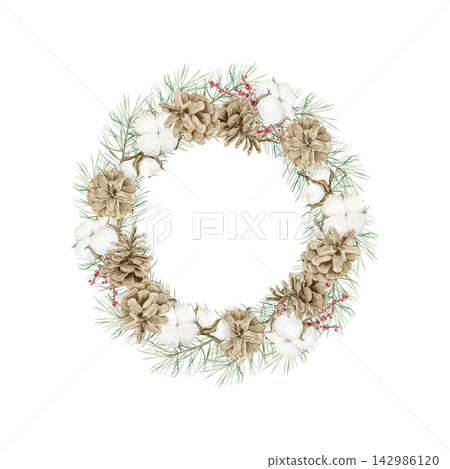 Pine branches, pinecones, cotton bolls and red berries watercolor Christmas round wreath illustration. Festive winter sticker template with copy space. Hand drawn botanical frame clipart. Pine branches, pinecones, cotton bolls and red berries watercolor Christmas round wreath illustration. Festive winter sticker template with copy space. Hand drawn botanical frame clipart. 142986120