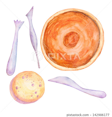 Watercolor illustration of a clay plate and pottery tools, hand-painted with watercolors. Top view Watercolor illustration of a clay plate and pottery tools, hand-painted with watercolors. Top view 142986177