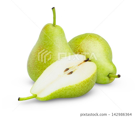 Green fresh pear and cut in a half of juicy pear isolated on white background. Green fresh pear and cut in a half of juicy pear isolated on white background. 142986364