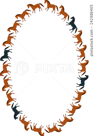 Horses animal oval frame. Derby game template for your text. Hand drawn vector illustration Horses animal oval frame. Derby game template for your text. Hand drawn vector illustration 142986405