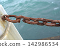 Close-up of a rusty chain by the sea, showing significant metal corrosion. 142986534