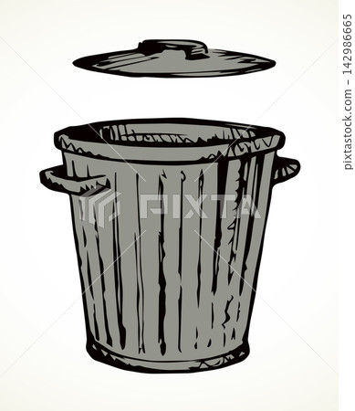 Iron trash can isolated on white. Black ink hand drawn sign Iron trash can isolated on white. Black ink hand drawn sign 142986665