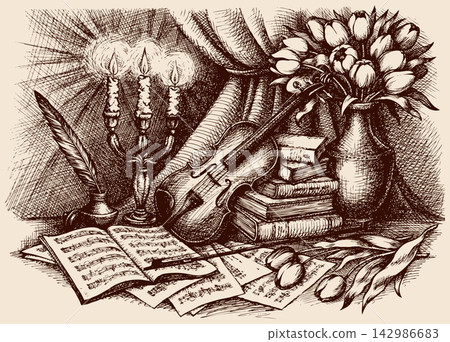 Vector sketch. Violin on old books Vector sketch. Violin on old books 142986683