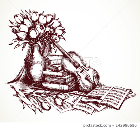Still life with a violin. Vector drawing Still life with a violin. Vector drawing 142986686