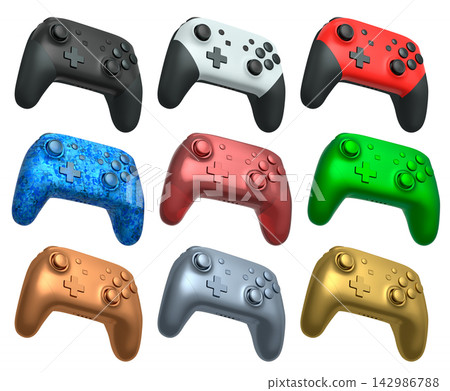 Collection of gaming controllers isolated on white background with clipping path Collection of gaming controllers isolated on white background with clipping path 142986788