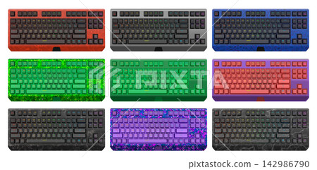 Collection of mechanical keyboards isolated on white background with clipping path Collection of mechanical keyboards isolated on white background with clipping path 142986790