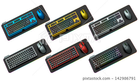 Collection of mechanical keyboards and mouse isolated on white background with clipping path Collection of mechanical keyboards and mouse isolated on white background with clipping path 142986791