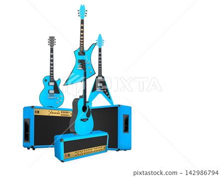 Set of electric acoustic guitars and amplifiers on white background Set of electric acoustic guitars and amplifiers on white background 142986794