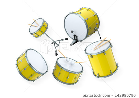 Set of drums and drumset with metal cymbals on white background Set of drums and drumset with metal cymbals on white background 142986796