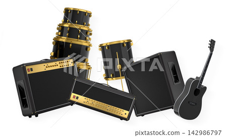 Set of electric acoustic guitars and drums with cymbals on white background Set of electric acoustic guitars and drums with cymbals on white background 142986797