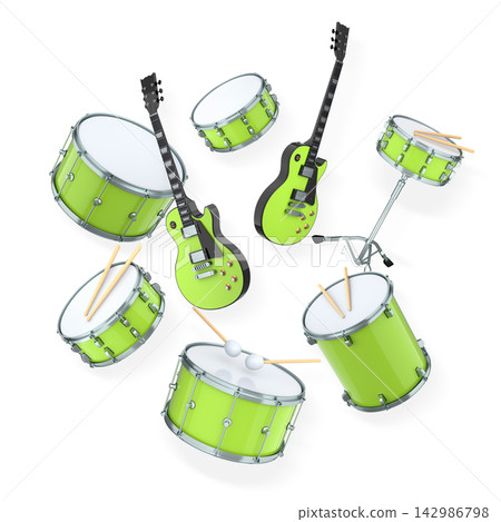 Set of electric acoustic guitars and drums with cymbals on white background 142986798