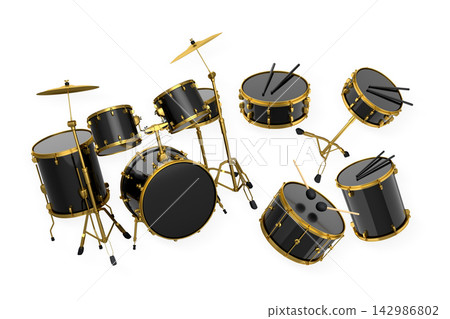 Set of drums and drumset with metal cymbals on white background Set of drums and drumset with metal cymbals on white background 142986802