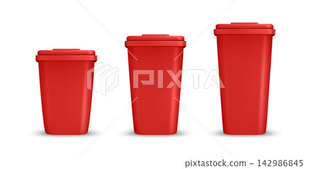 Red Trash Bins, Vector Illustration. 3d Trash Bins in Three Sizes. Trash Bins Isolated for Outdoor Waste, Garbage, Recycling, Street Cleaning, City Parks, Public Spaces Red Trash Bins, Vector Illustration. 3d Trash Bins in Three Sizes. Trash Bins Isolated for Outdoor Waste, Garbage, Recycling, Street Cleaning, City Parks, Public Spaces 142986845