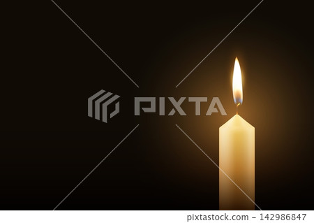 Burning Candle, Vector Illustration. 3d Burning Candle with Warm Glowing Flame, Burning Candle on Horizontal Dark Background for Memorial, Prayer, Relaxation, Church, Ceremony, Remembrance Burning Candle, Vector Illustration. 3d Burning Candle with Warm Glowing Flame, Burning Candle on Horizontal Dark Background for Memorial, Prayer, Relaxation, Church, Ceremony, Remembrance 142986847