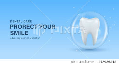 Dental Care Banner, Vector Illustration. Horizontal Dental Care Banner with 3d White Tooth. Dental Care Banner on Light Blue Background for Dentistry, Oral Health, Tooth Protection, Treatment Dental Care Banner, Vector Illustration. Horizontal Dental Care Banner with 3d White Tooth. Dental Care Banner on Light Blue Background for Dentistry, Oral Health, Tooth Protection, Treatment 142986848