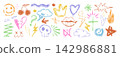 Hand drawn crayon kids doodle shapes, squiggles, freehand summer icons 142986881