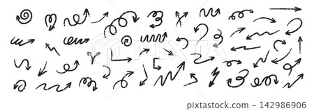 Black chalk hand drawn arrows set. Doodle vector scribble. Hand drawn illustration. Wobbly line collection 142986906