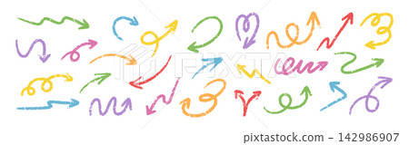 Colorful chalk hand drawn arrows set. Doodle vector scribble. Hand drawn illustration. Wobbly line collection Colorful chalk hand drawn arrows set. Doodle vector scribble. Hand drawn illustration. Wobbly line collection 142986907