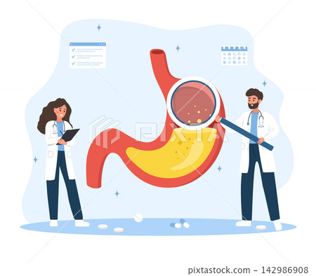 Gastroenterologist concept. Stomach pain diagnosis. Internal organ scan. Treatment plan or therapy. Flat vector illustration Gastroenterologist concept. Stomach pain diagnosis. Internal organ scan. Treatment plan or therapy. Flat vector illustration 142986908