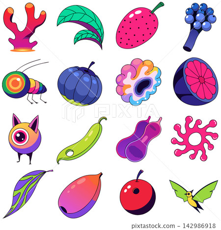 The image shows a set of colorful, cartoon-style fantasy fruits, unreal berries, and whimsical botanical or creature-like assets The image shows a set of colorful, cartoon-style fantasy fruits, unreal berries, and whimsical botanical or creature-like assets 142986918
