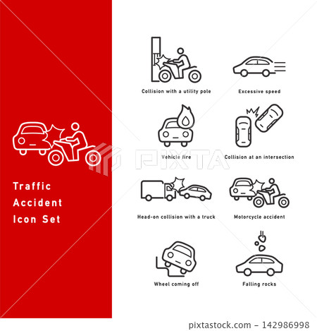 A set of line art icons related to traffic accidents and road traffic. A set of line art icons related to traffic accidents and road traffic. 142986998