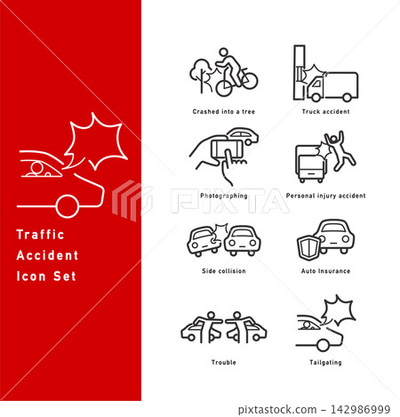 A set of line art icons related to traffic accidents and road traffic. A set of line art icons related to traffic accidents and road traffic. 142986999
