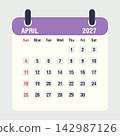 April 2027 monthly calendar icon, flat style vector illustration 142987126