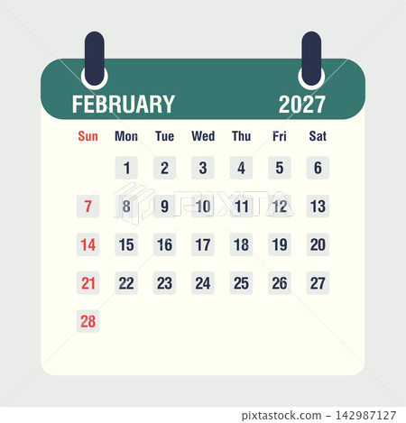 February 2027 monthly calendar icon, flat style vector illustration 142987127