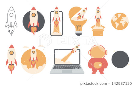 Rocket launch and space start up flat icon collection Rocket launch and space start up flat icon collection 142987130
