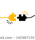 Connected puzzle plug, electric cable connection and teamwork concept. Vector illustration 142987139