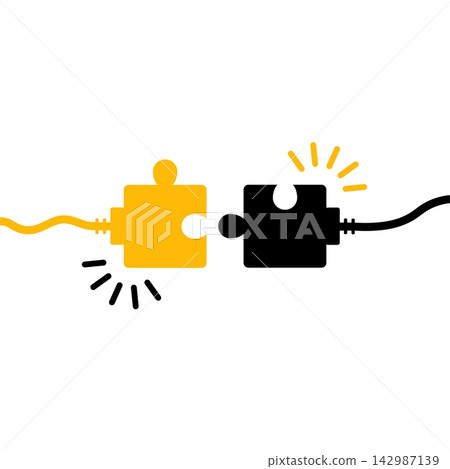 Connected puzzle plug, electric cable connection and teamwork concept. Vector illustration 142987139