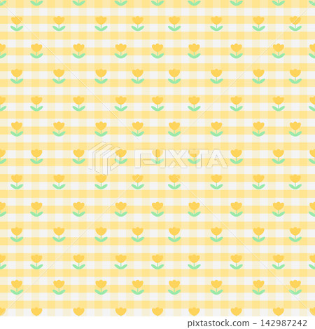 Cute Yellow Tulip Gingham Seamless Pattern with Pastel Checkered Background 142987242